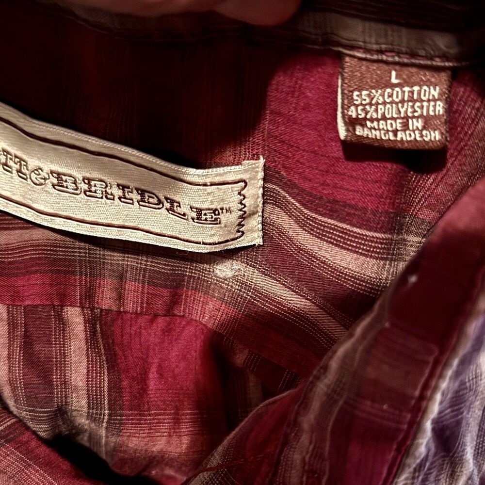 Bit & Bridle Mens Sz L  burgundy/cream plaid western Pearl Snap Long Sleeve Top - Picture 5 of 5